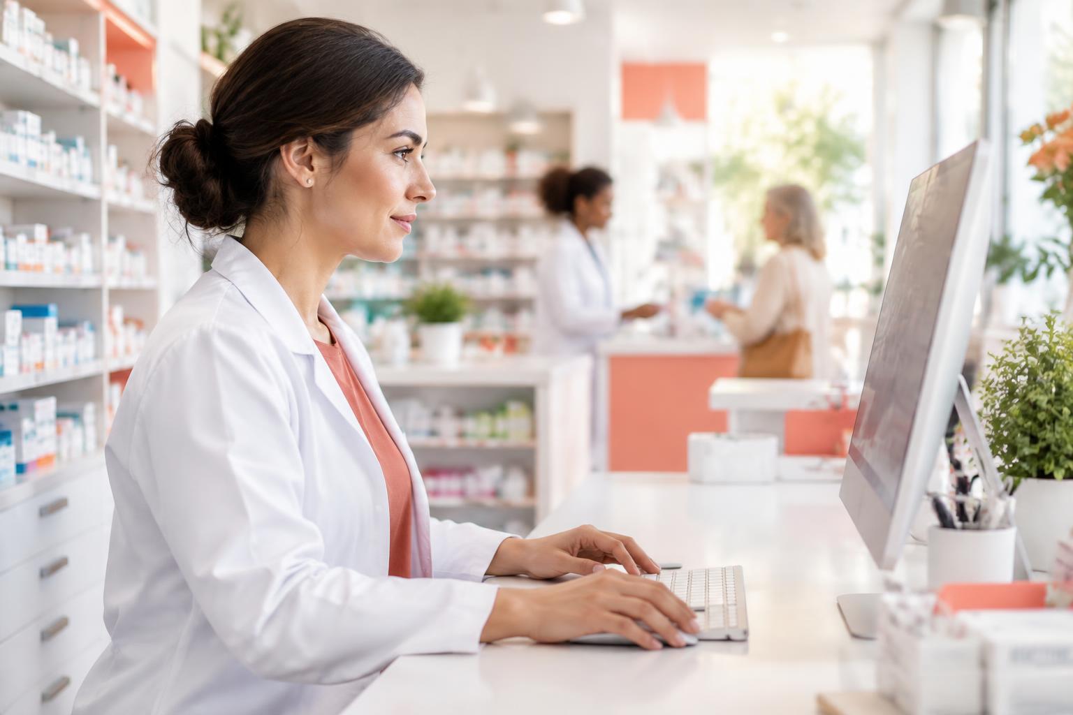 A pharmacist working with a connected pharmacy system